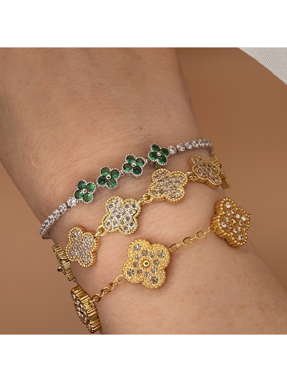 candy+clover green clover and clear crystal silver tone bracelet with extender